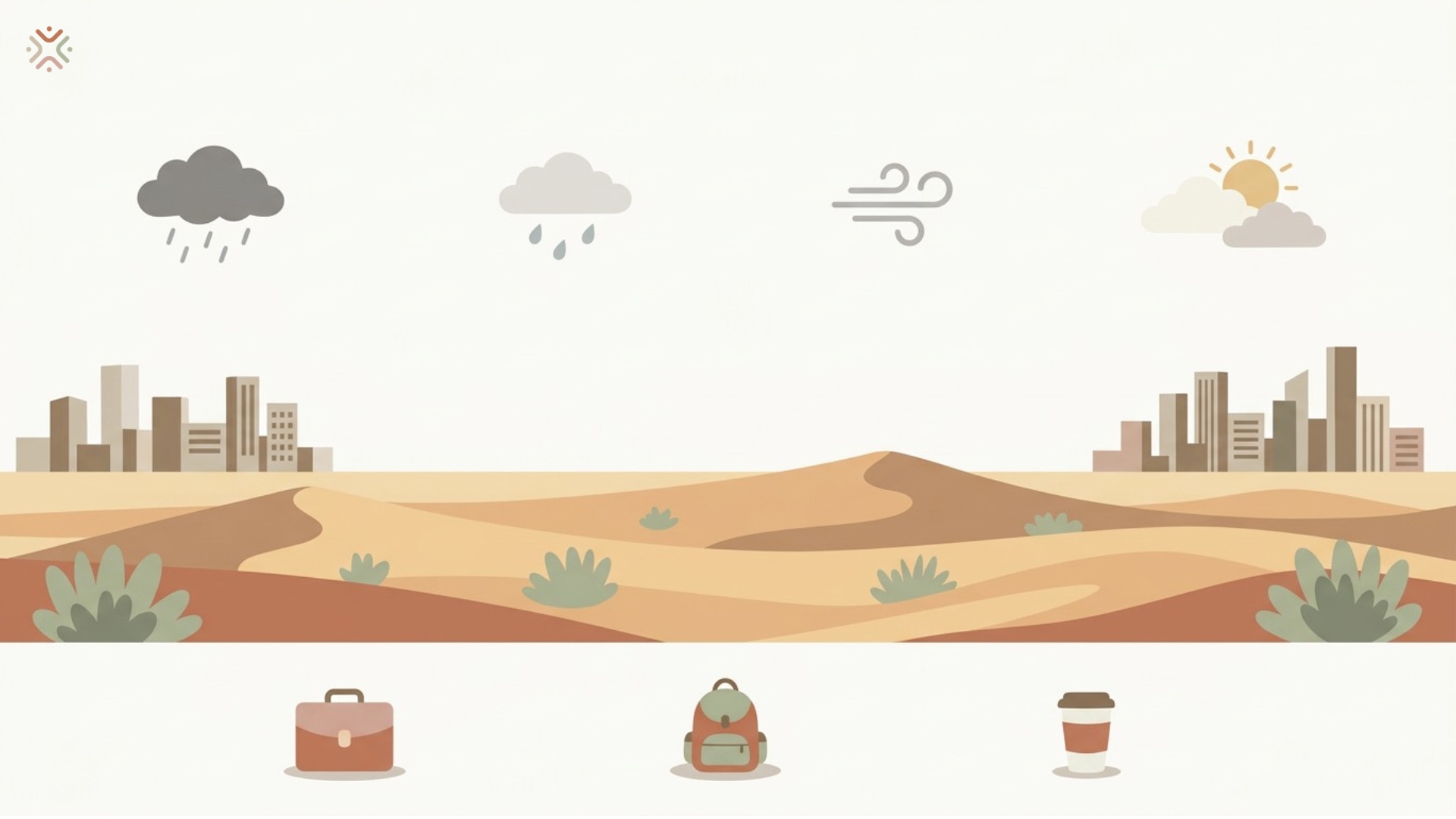 Stylised Gulf desert landscape with cities, changing weather icons and everyday objects to represent anxiety during regional conflict