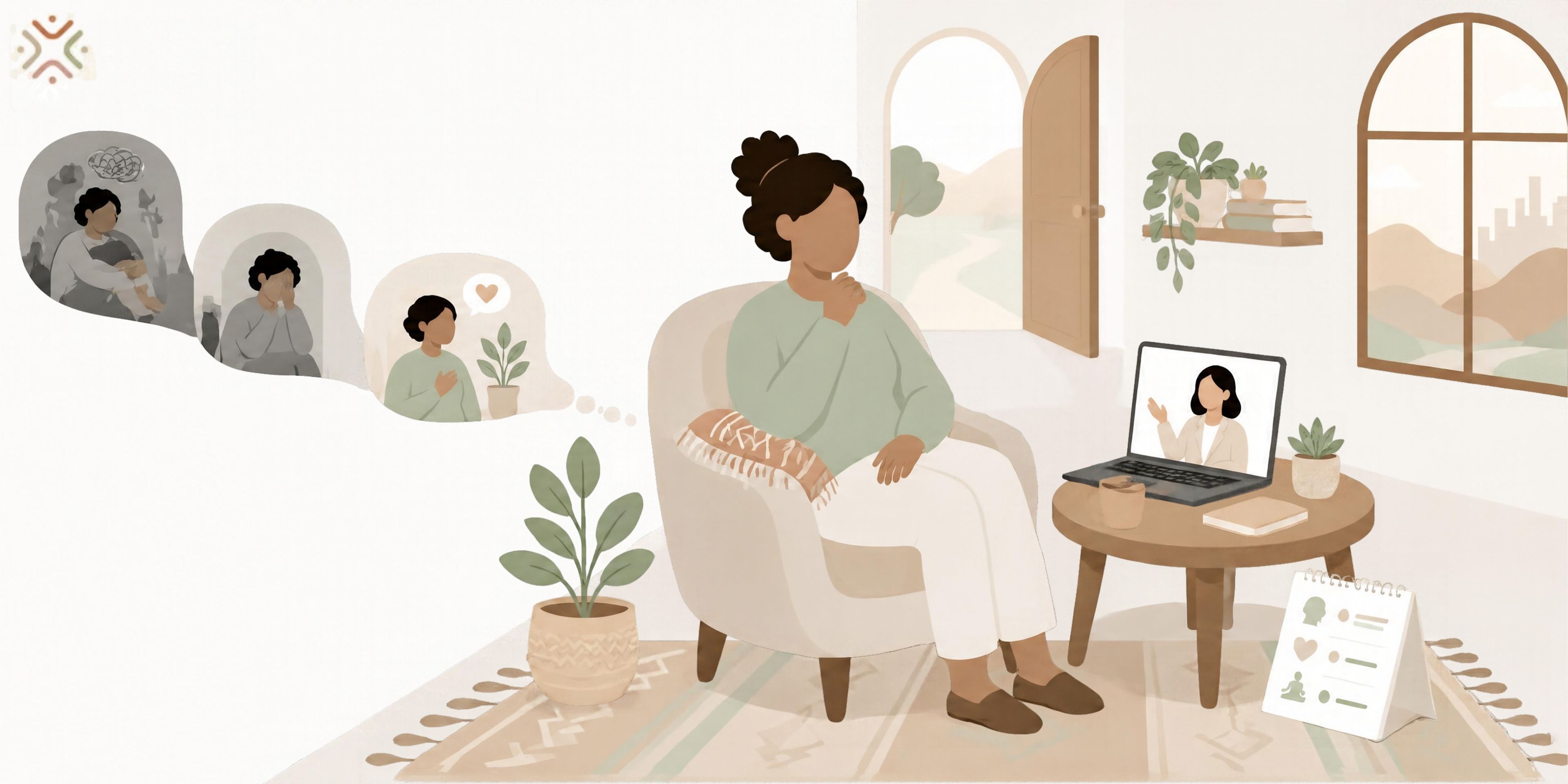 Illustration of a woman speaking with a therapist on a laptop, alongside smaller scenes depicting distress and self-compassion.