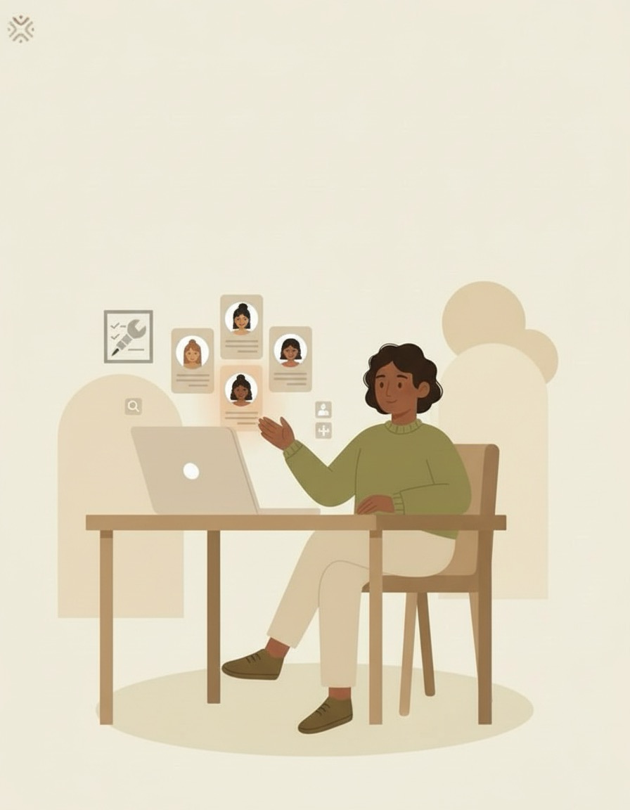 Illustration of a person at a desk looking at a laptop with a grid of diverse therapist profile cards, reaching toward one highlighted profile