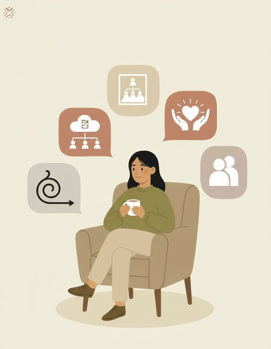 Illustration of a person sitting in an armchair with a mug, surrounded by soft icons for different types of therapy, representing choosing the right fit.