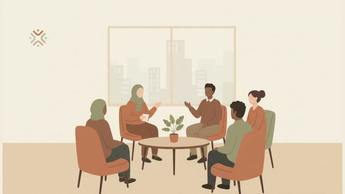 Small diverse group from MENA, Black, South Asian and mixed backgrounds sitting in a circle with a facilitator in a calm room, representing personal and collective healing in community-based therapy.