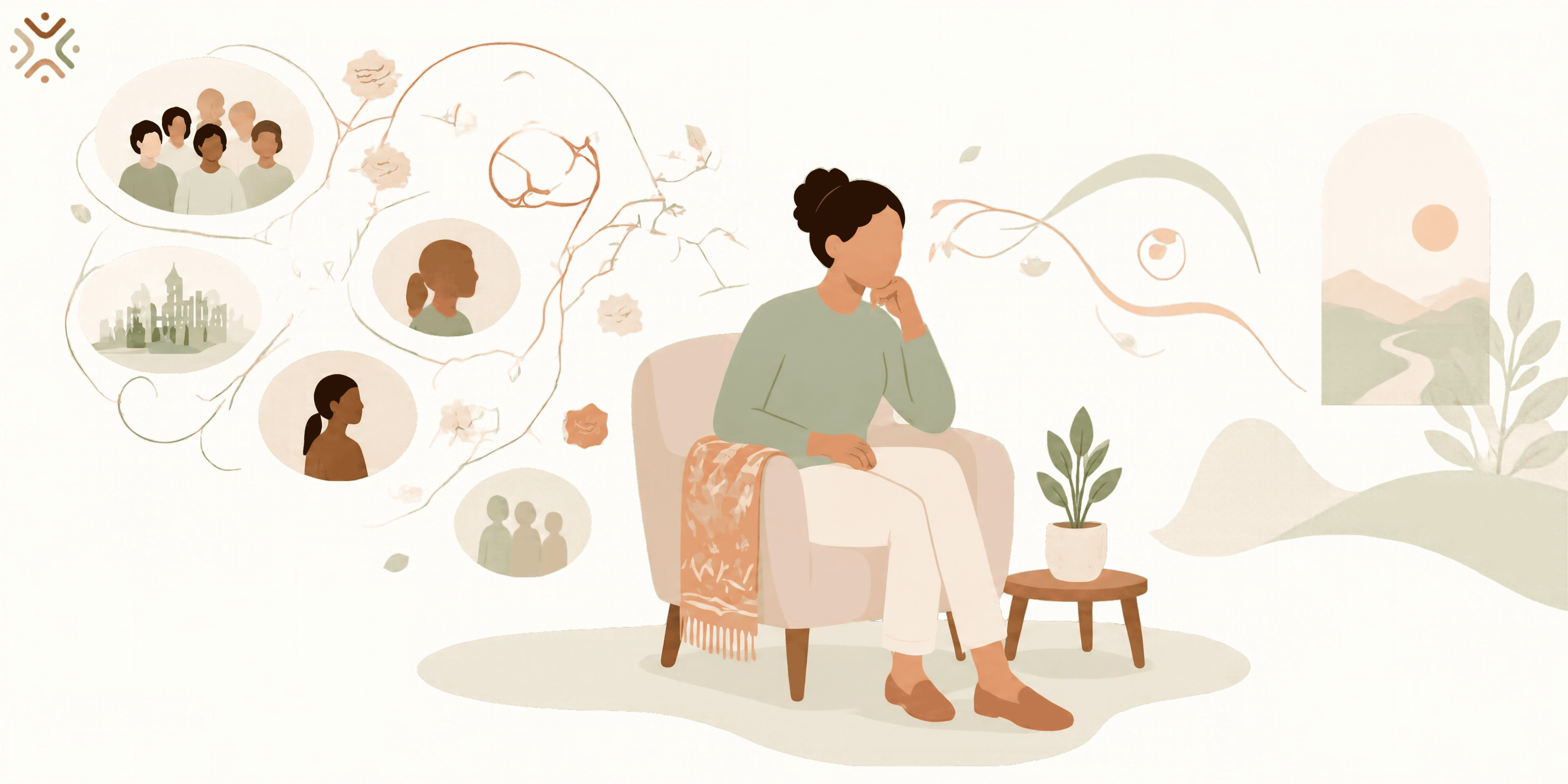 Illustration of a woman seated in reflection, surrounded by looping lines, family figures and a cityscape, with a winding path to the right.