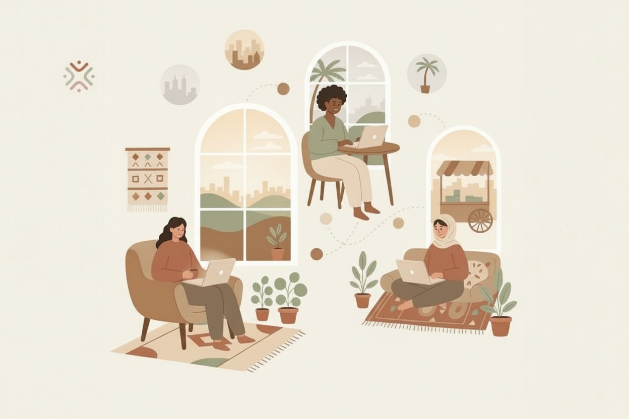 Small group of diverse people in different home settings using laptops for online therapy, connected by subtle lines in a warm minimalist style