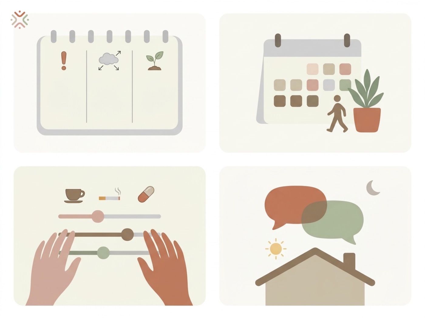 Four-tile toolkit illustration showing mapping worries, planning activities, adjusting coping habits and staying connected at home