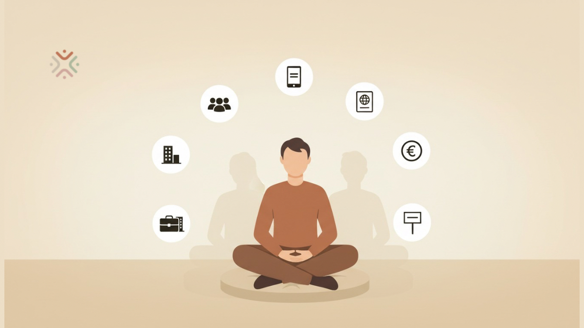Person sitting on a cushion surrounded by icons of work, family, news, borders, money and protests, with faint silhouettes behind them to show how systems and global events press on mental health.