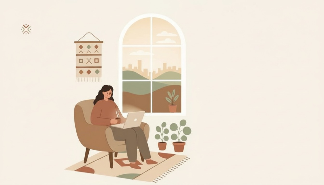 Person sitting comfortably at home with a laptop and mug during an online therapy session in a warm, sunlit room