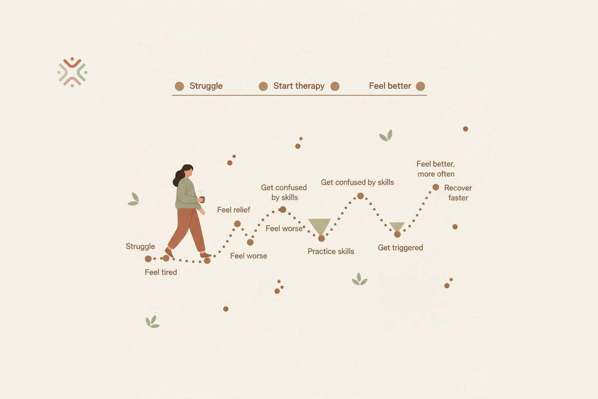 Infographic showing a non-linear dotted path through online therapy from struggle to feeling better, with ups and downs labeled along the way
