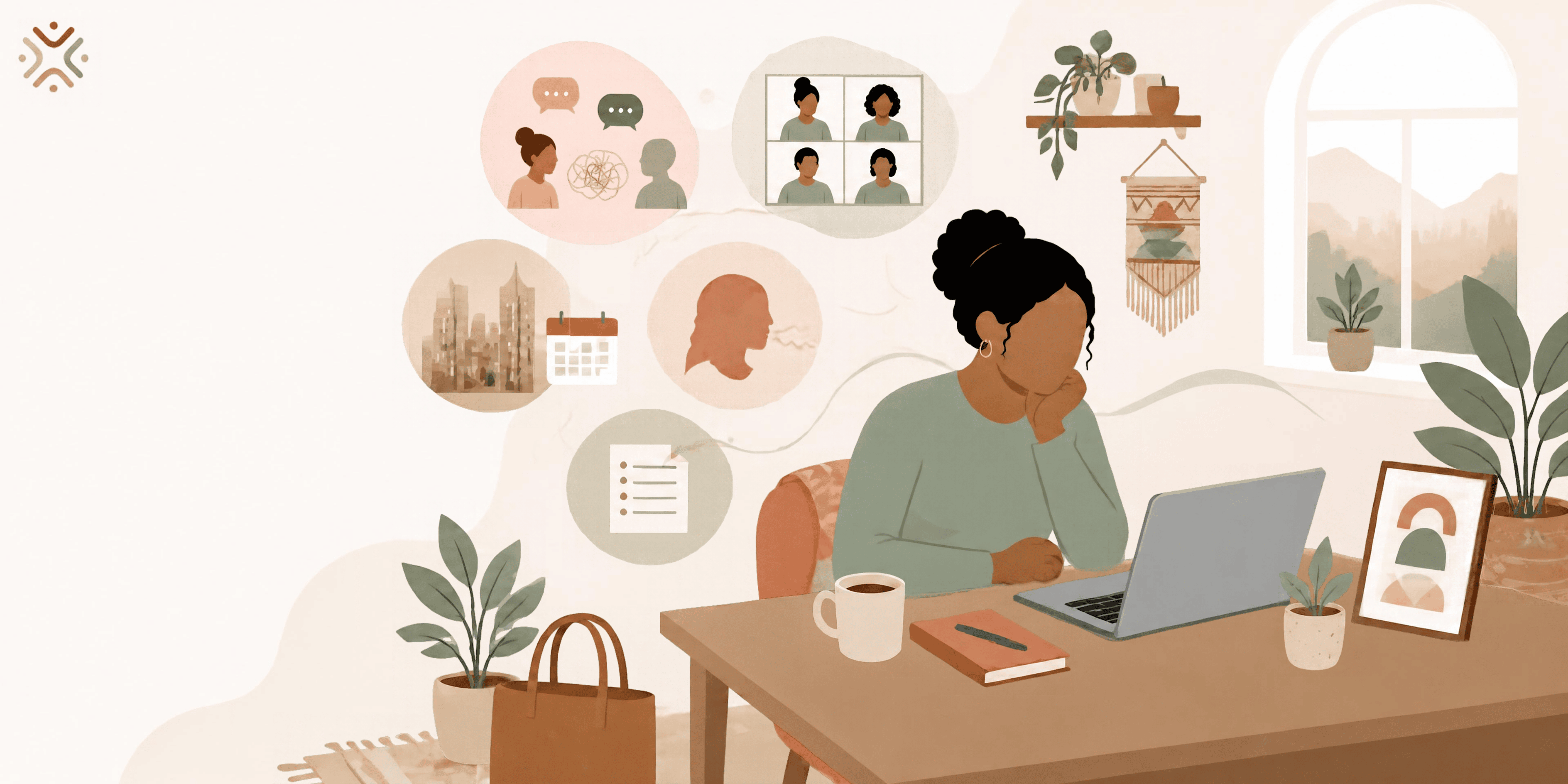 Illustration of a woman resting her head on her hand at a laptop, with surrounding scenes of workplace conversations, video meetings and tasks.