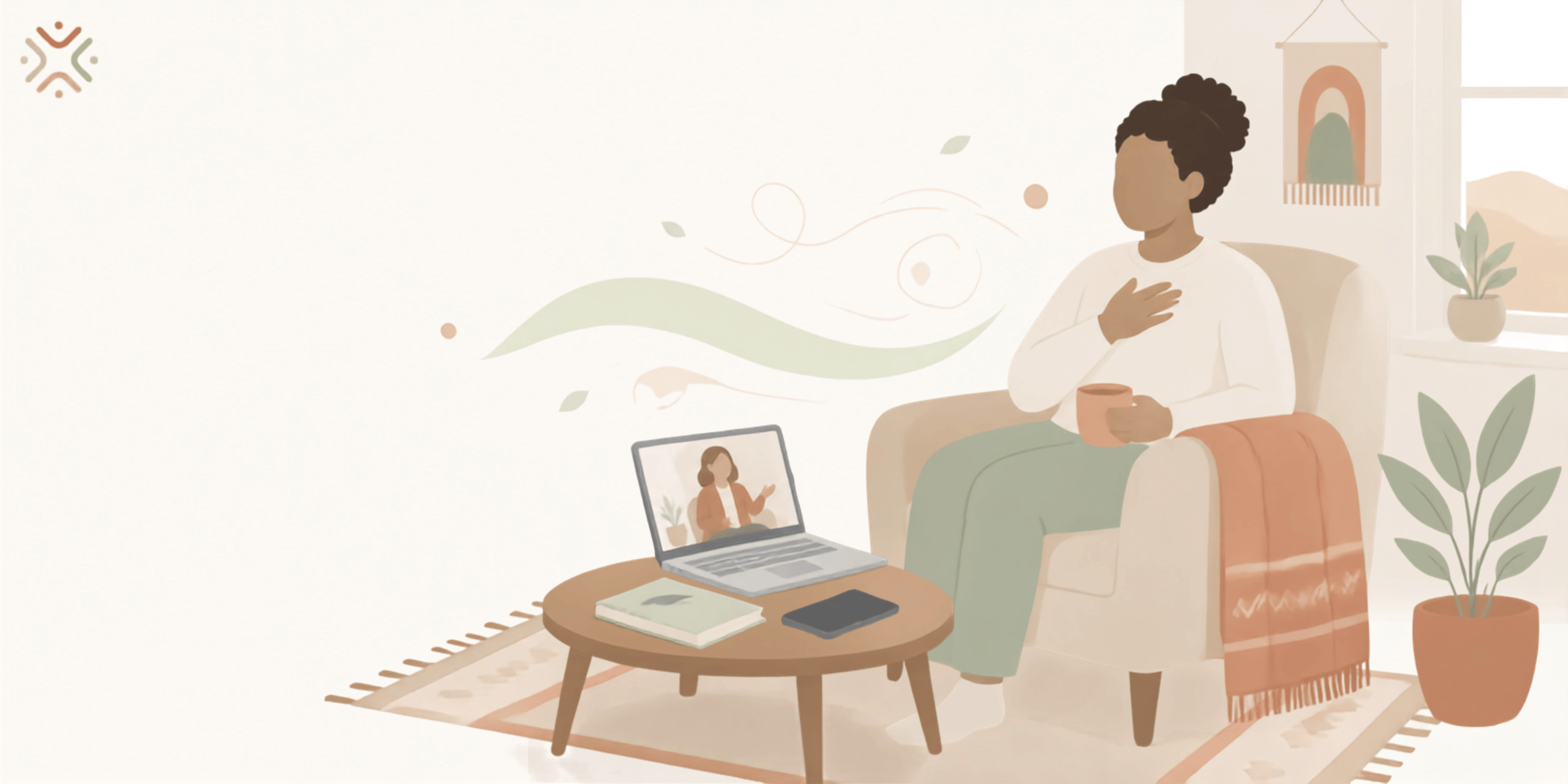 Illustration of a person sitting at home with a laptop therapist, holding a drink as soft abstract lines suggest anxiety or panic.