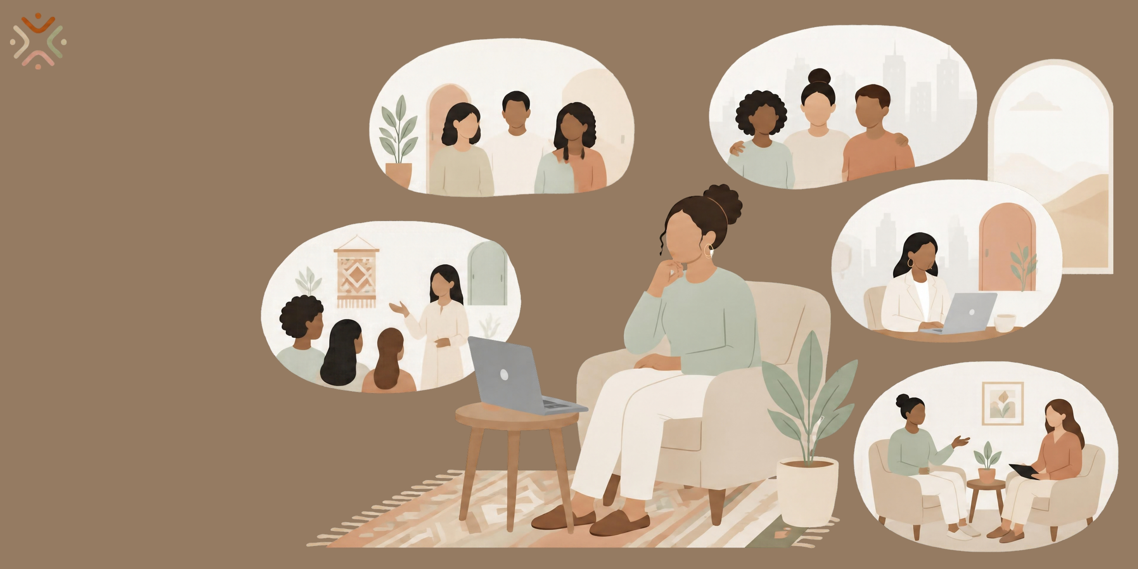 Woman seated beside a laptop, surrounded by scenes of small groups, a group discussion and an individual counselling session.