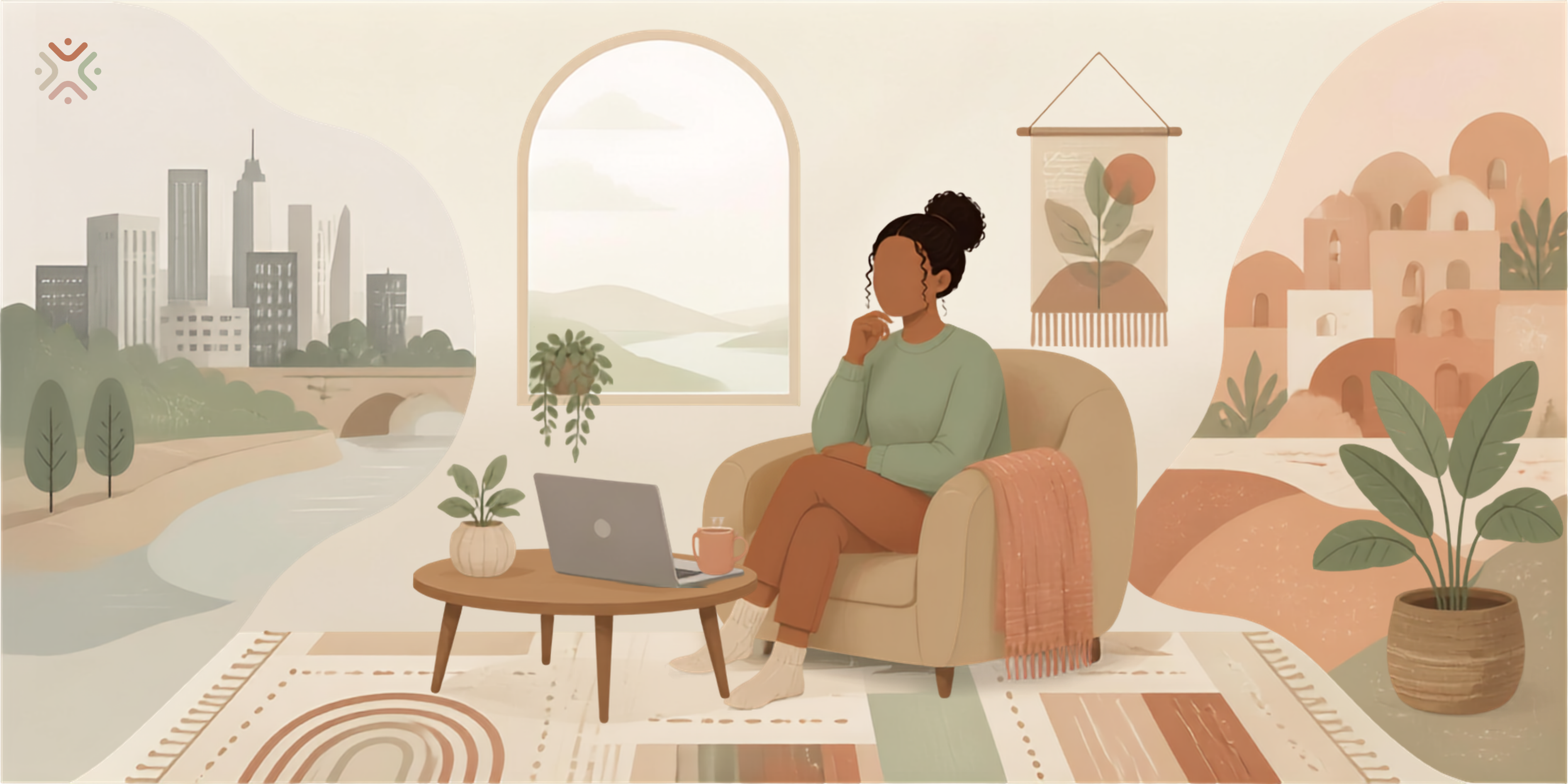 Illustration of a person in an online therapy session, surrounded by softly blending city and neighbourhood landscapes that represent navigating identity and belonging between cultures.