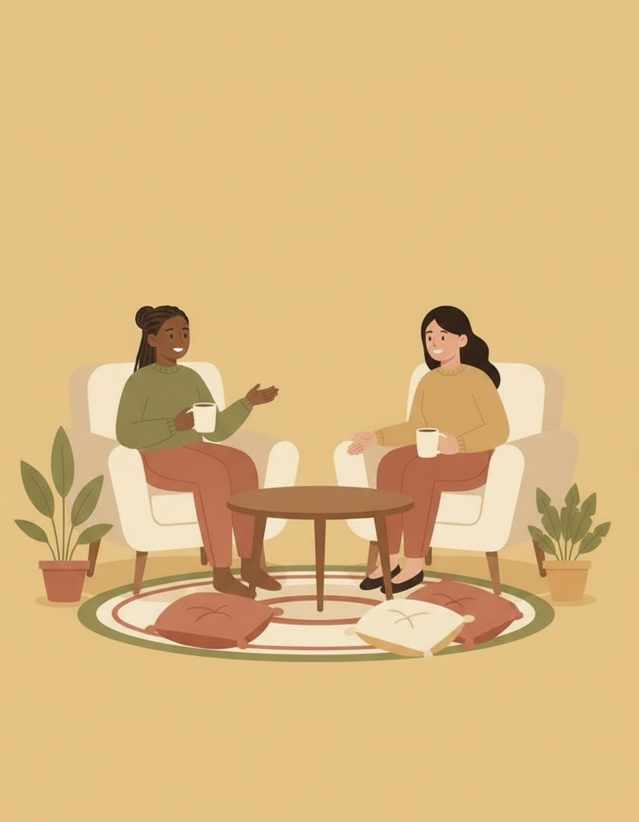 Two friends talking with mugs in a cosy living room, showing a safe space to practice sharing feelings