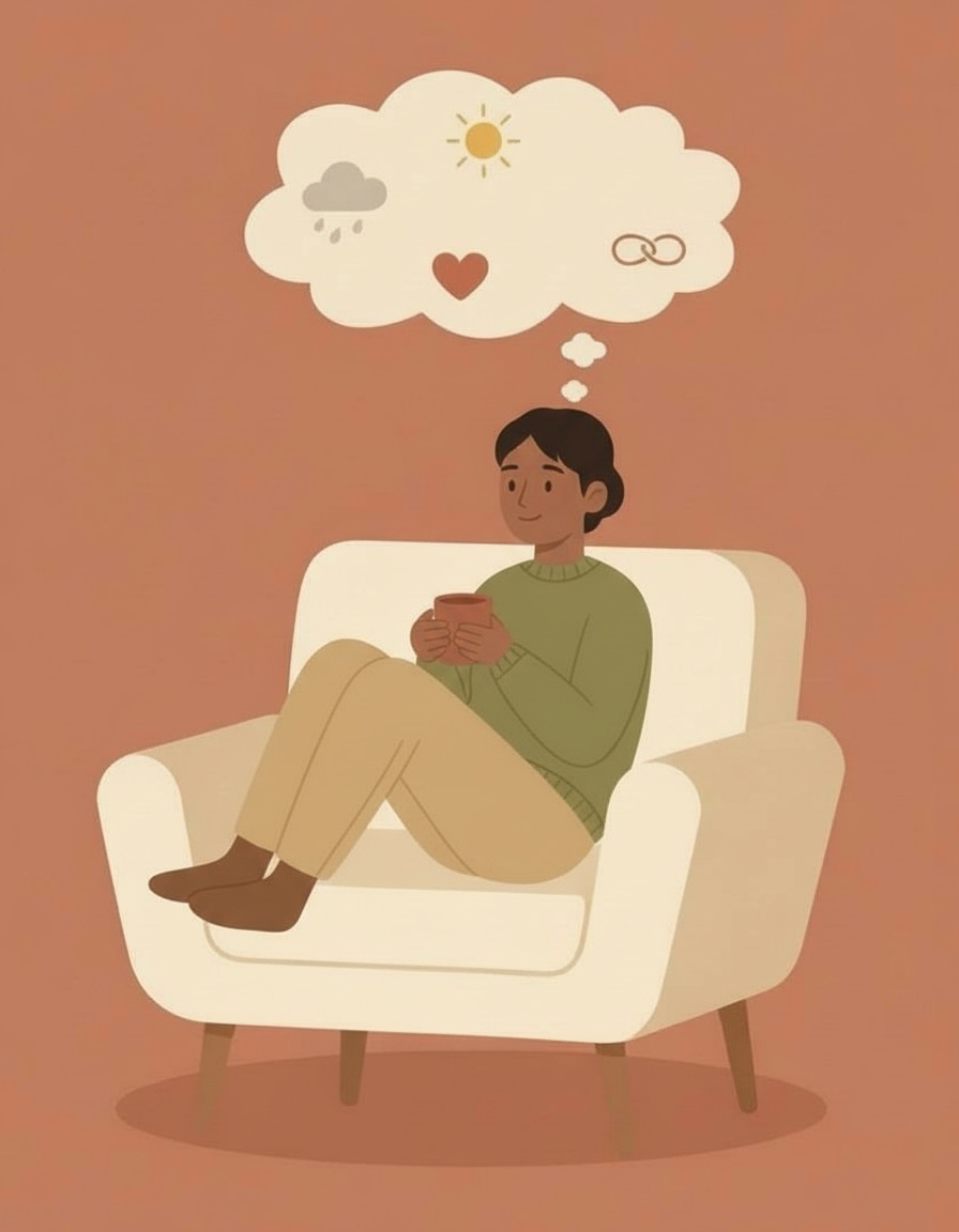 Person sitting in an armchair with a warm drink, thinking about different emotions, introducing an article on learning to talk about your feelings