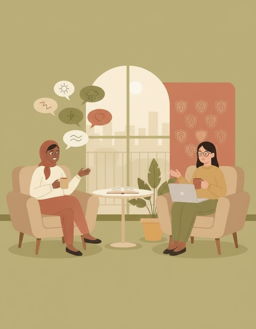 Client and therapist sitting in armchairs with emotion icons in speech bubbles, illustrating practising feeling words in therapy.