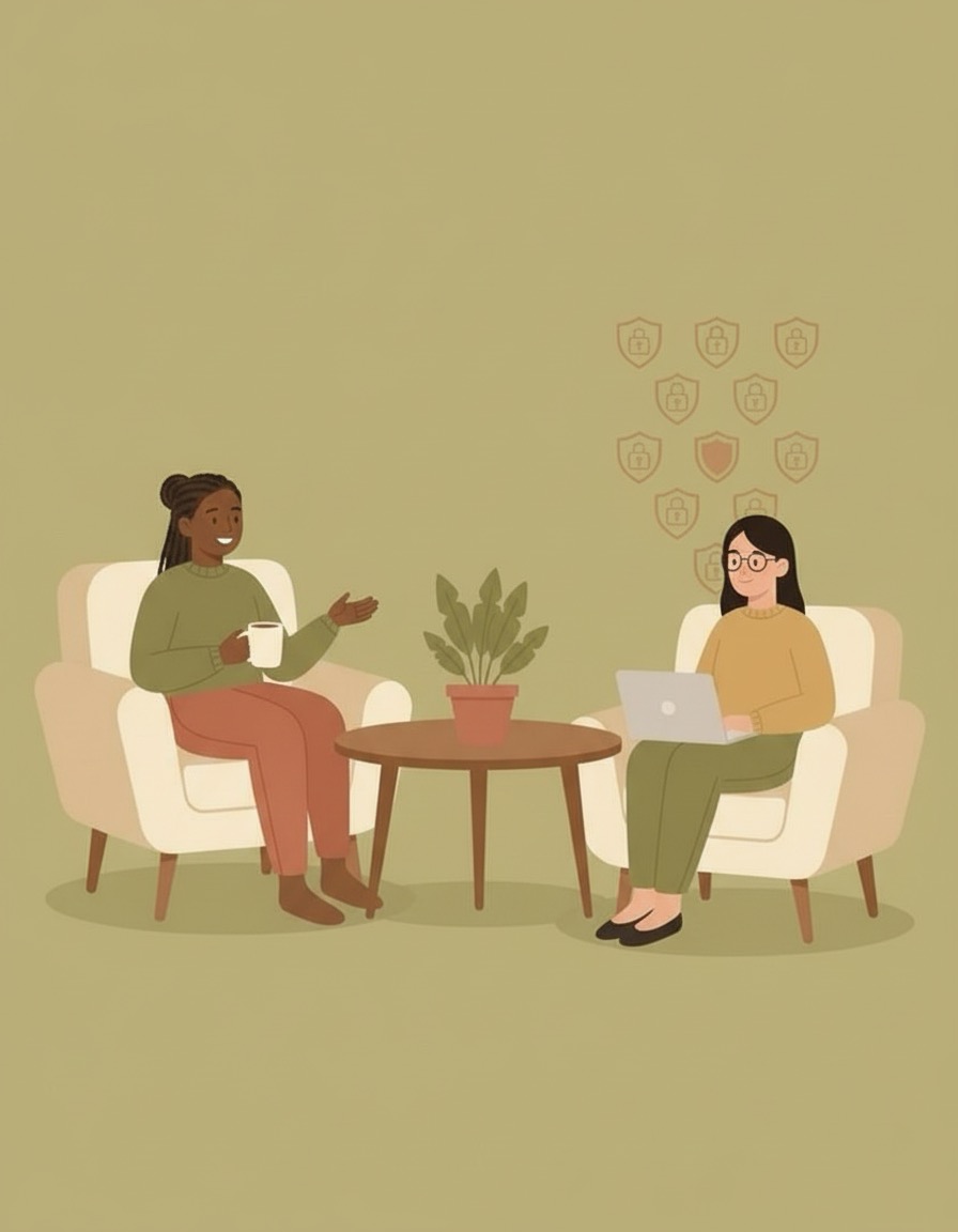 Client and therapist talking in a calm therapy room with faint shield symbols on the wall, representing privacy and emotional safety.