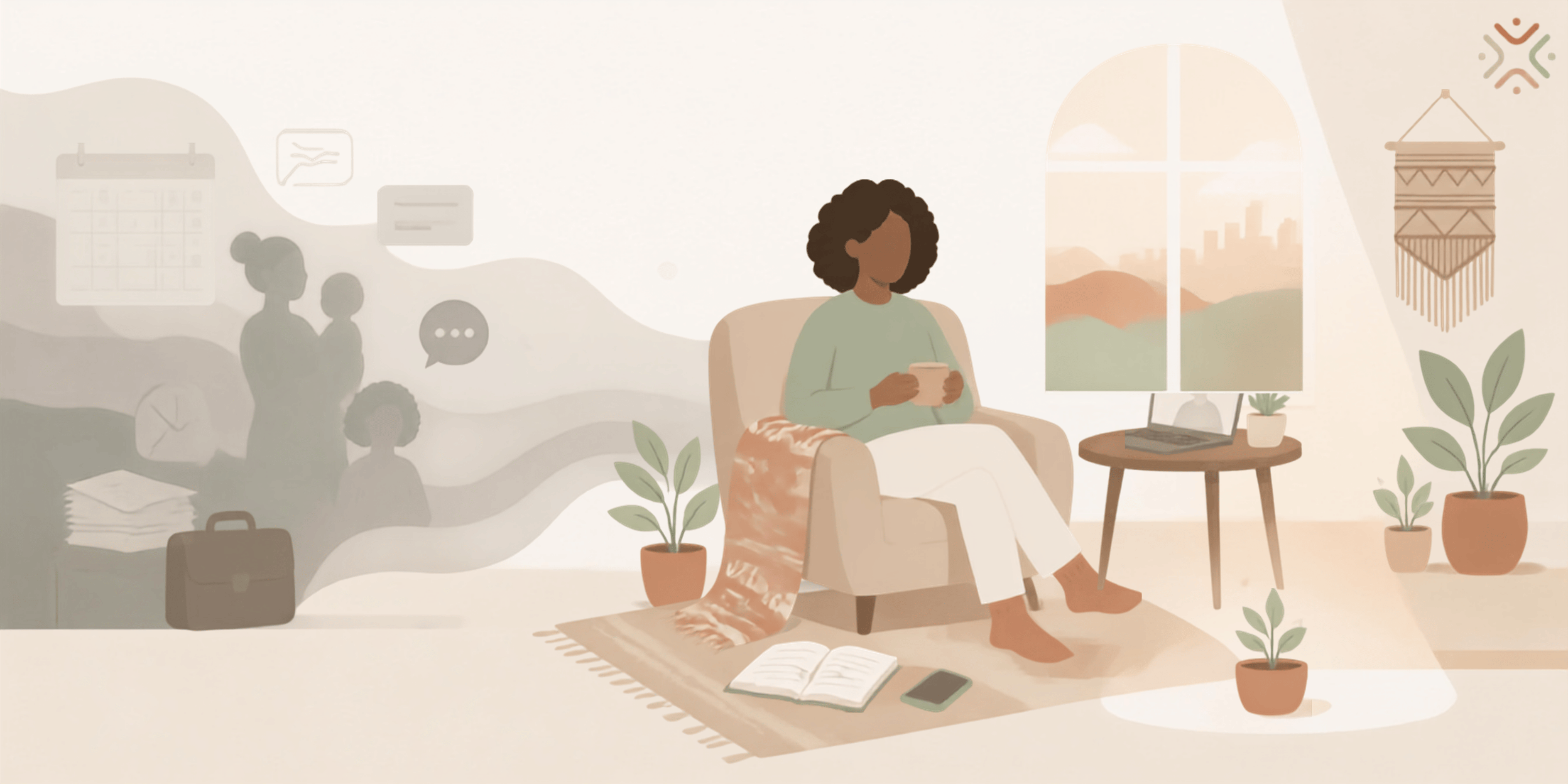 Illustration of a person resting at home while faded images of family, work, messages and responsibilities appear beside them.