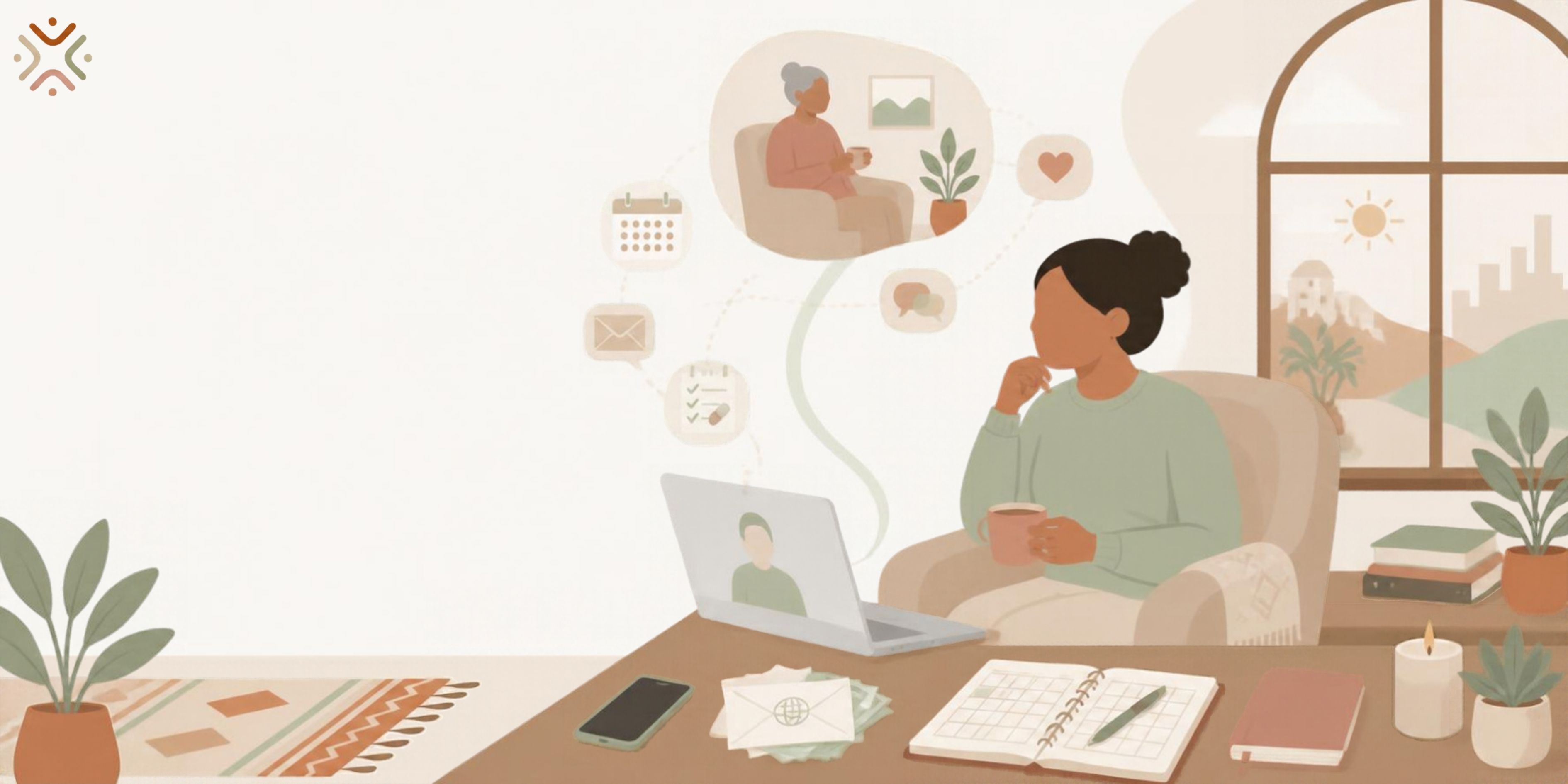 A woman sits beside a laptop, surrounded by symbols of an older relative, appointments, messages and care tasks.