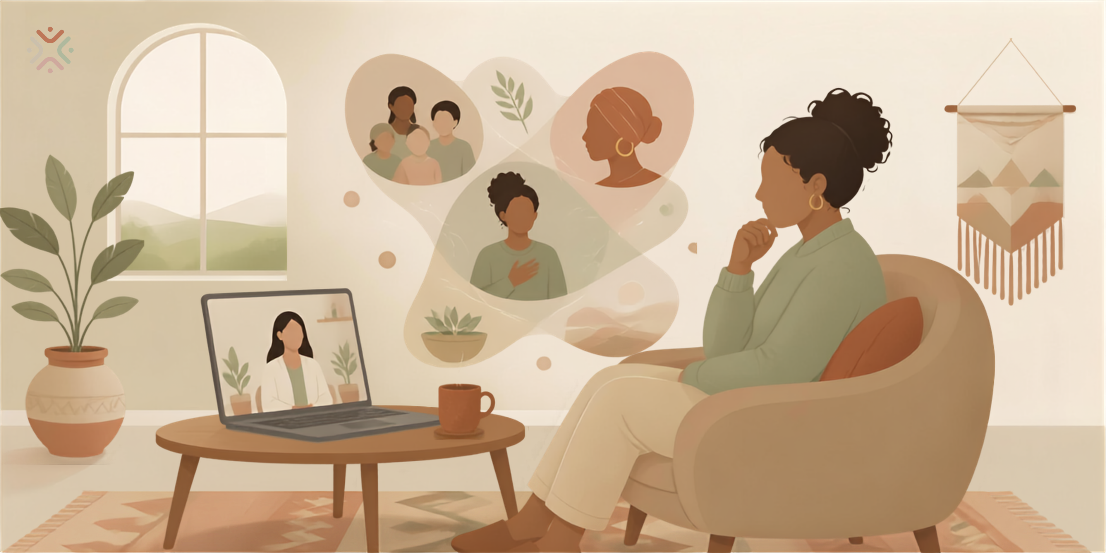 Illustration of a person considering an online therapy session on a laptop in a calm home setting, with abstract shapes representing culture, family and identity.