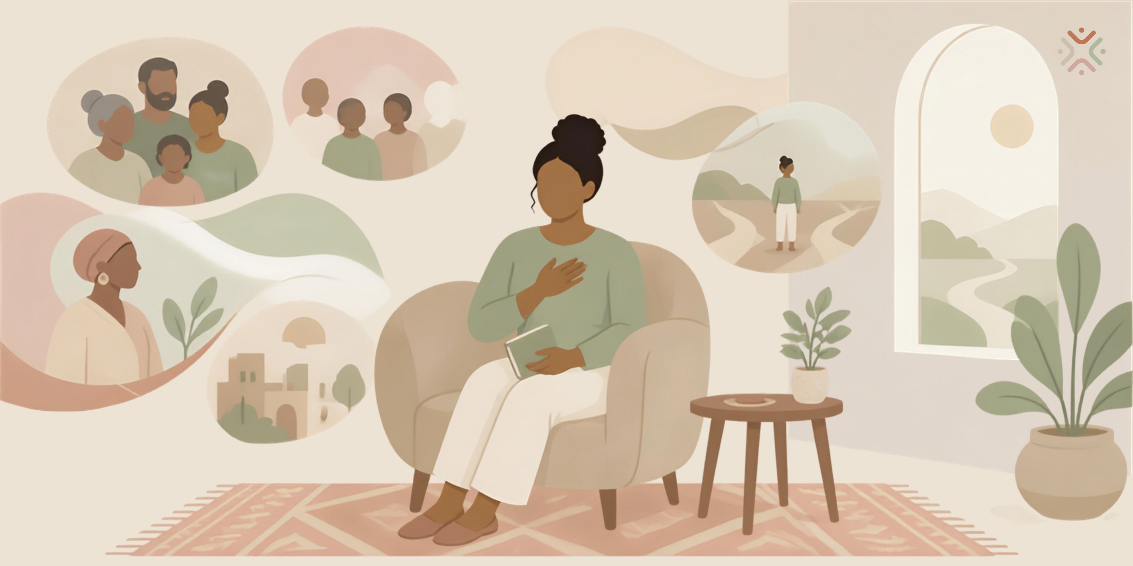 Illustration of a person sitting thoughtfully in a calm room, surrounded by softly overlapping abstract shapes that represent cultural values, family expectations and inner conflict.