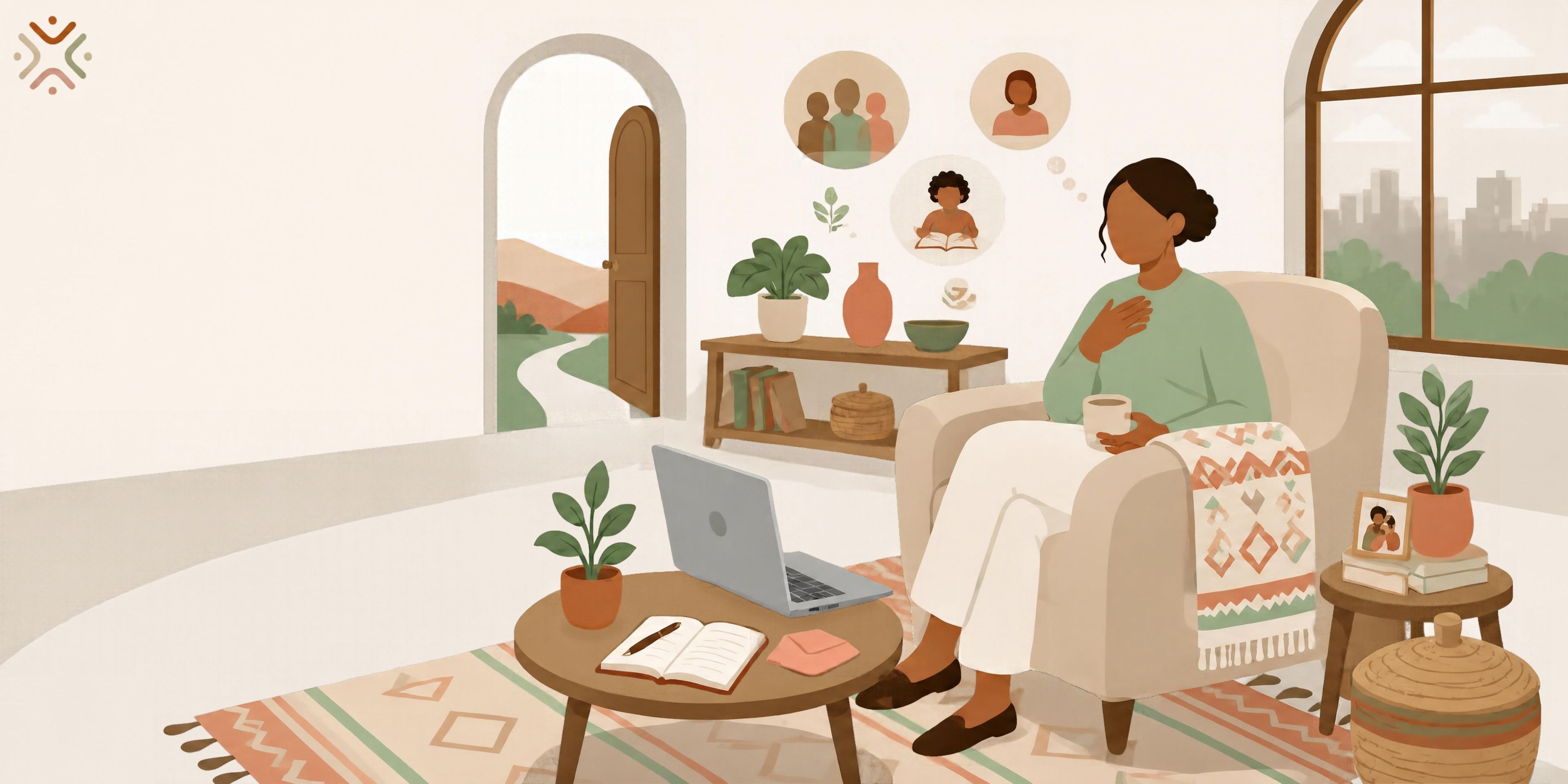 Woman seated with a mug and one hand on her chest, beside a laptop and journal, with an open doorway in the background.