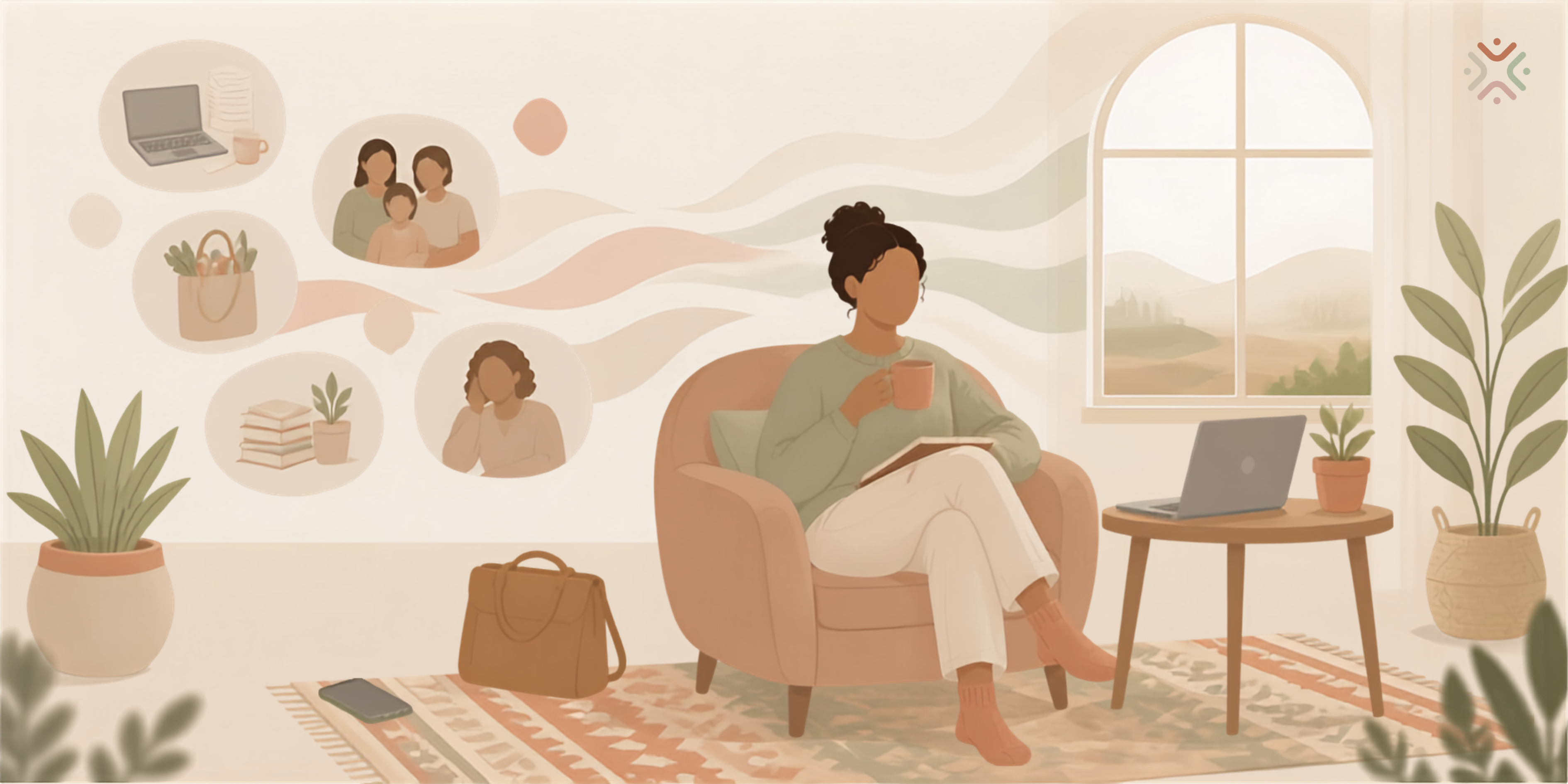 Illustration of a person sitting thoughtfully in a calm home setting, with a laptop and soft abstract shapes representing emotional stress, daily responsibilities and seeking online therapy.
