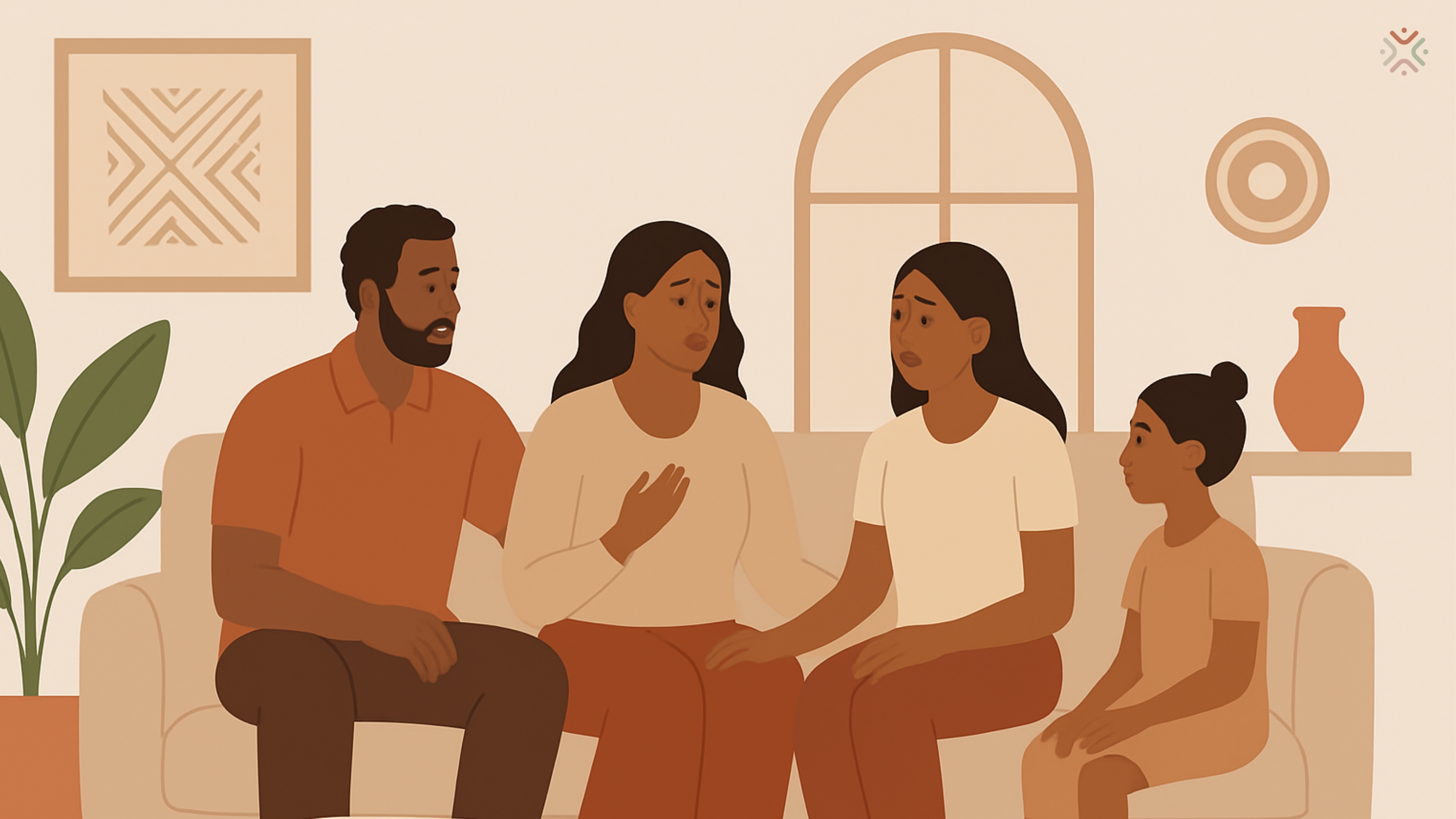 Illustration of four family members in a warm living room, with one person speaking while others listen, representing family expectations, emotional pressure and respectful personal boundaries.