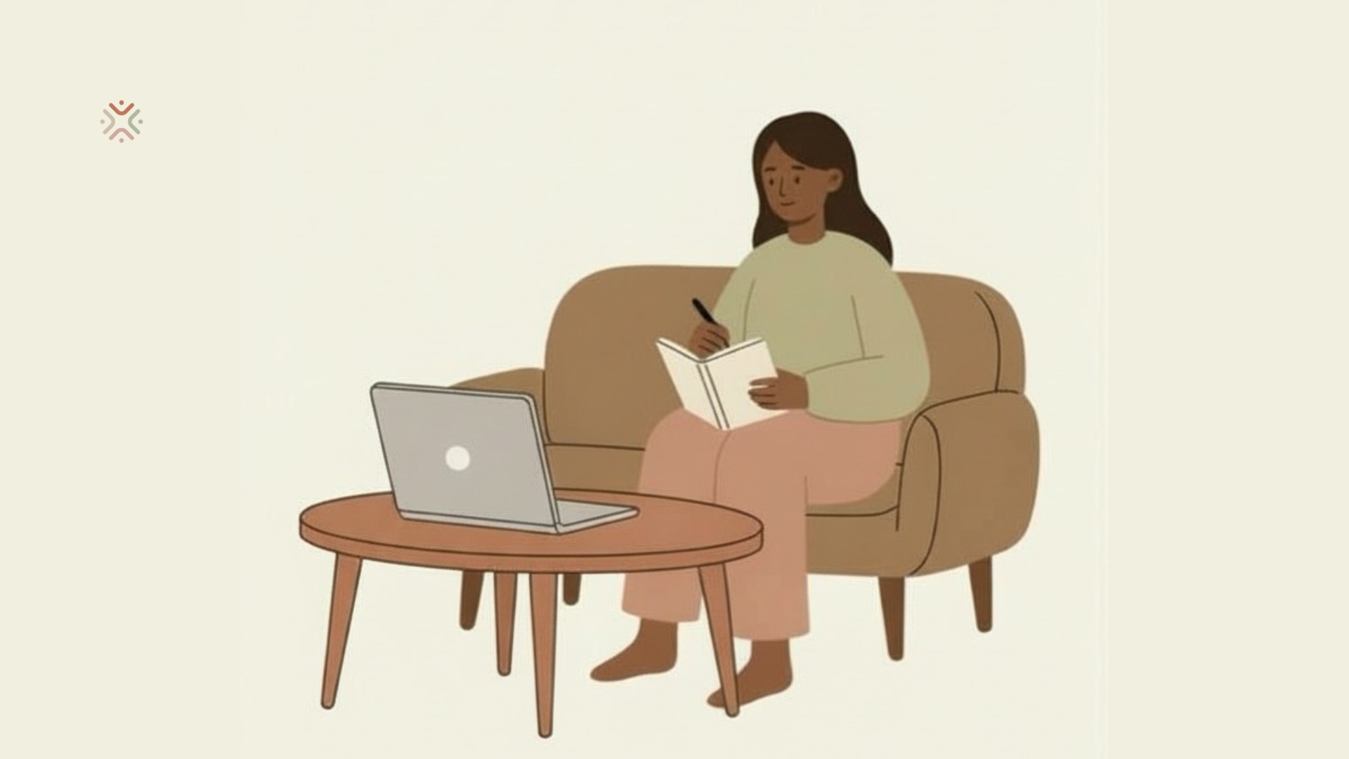Person sitting with a notebook, reflecting before or after an online therapy session on a laptop