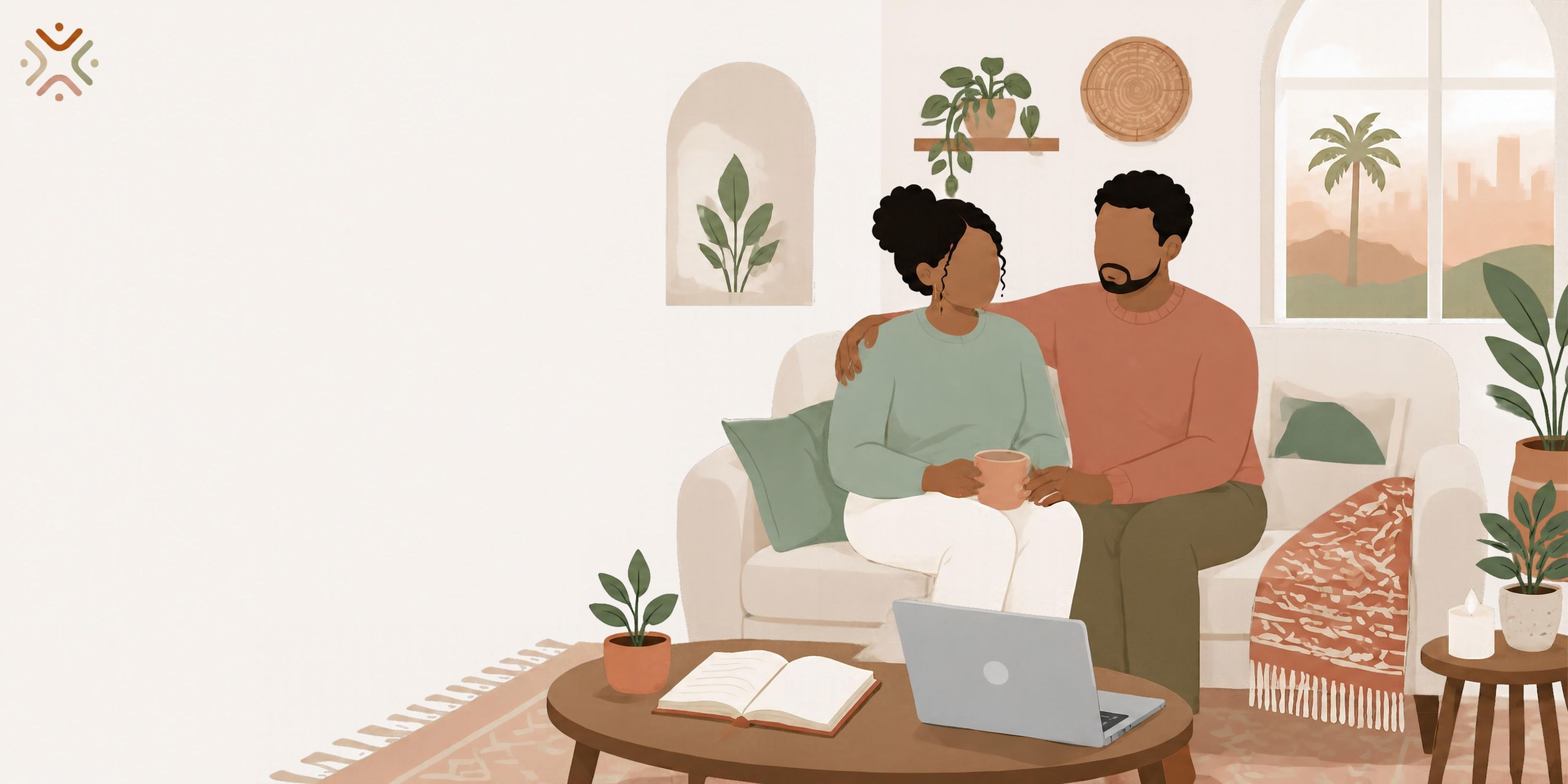 Two adults sit close together on a sofa, one with an arm around the other, beside a laptop and an open book.