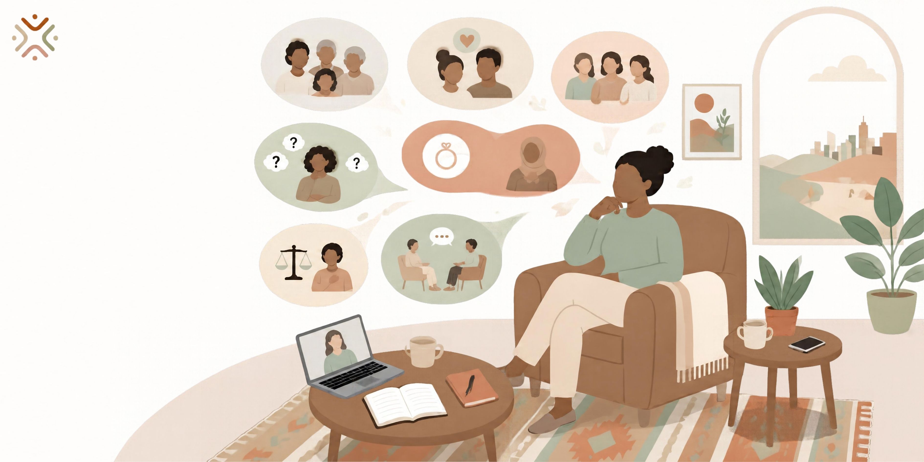 Woman seated beside a laptop, surrounded by illustrations of family, a couple, a ring, questions and counselling.
