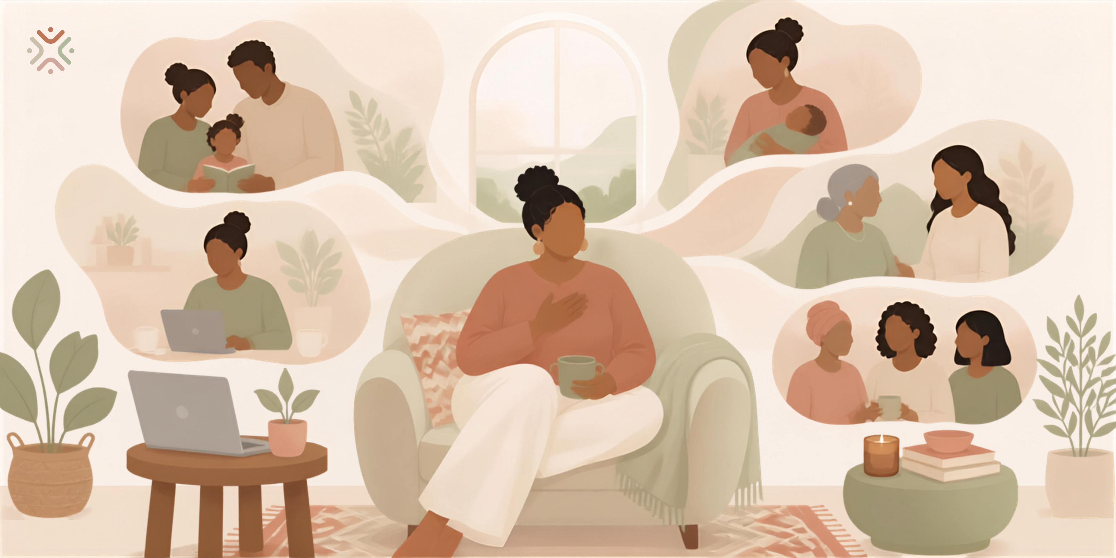 Illustration of a woman sitting calmly with a notebook and warm drink, surrounded by soft abstract shapes representing family, work, culture and personal wellbeing.