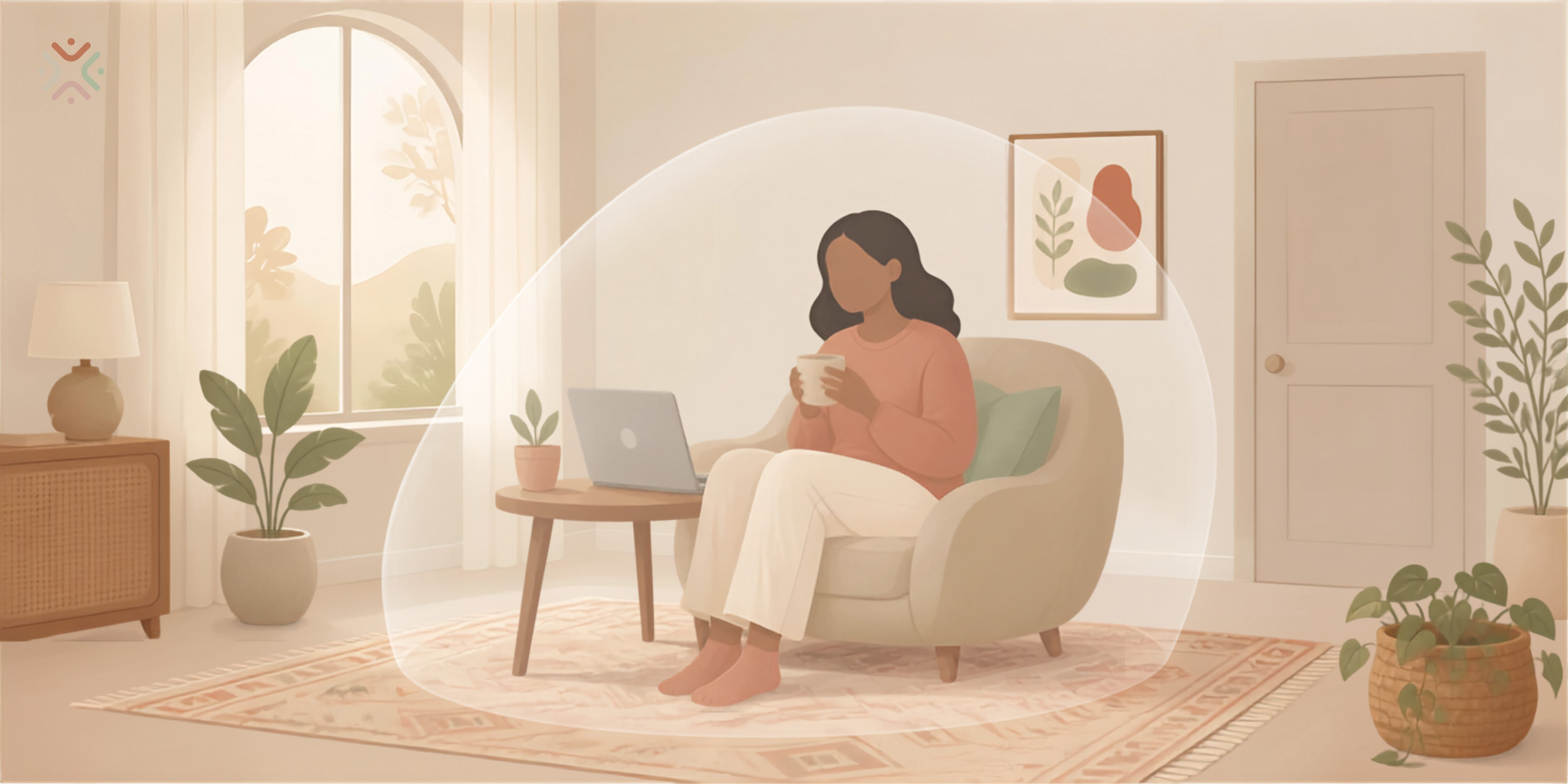 Illustration of a person in a calm, private room using a laptop for an online therapy session, with soft abstract shapes representing confidentiality, trust and emotional safety.