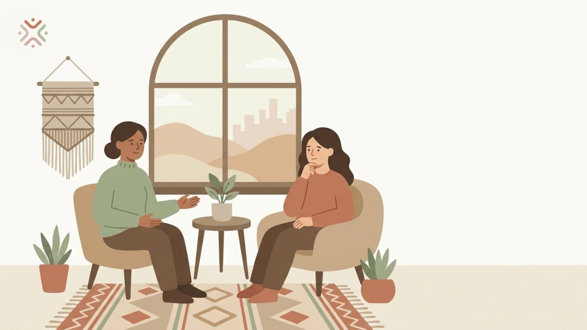 Therapist and client in cozy first session: research suggests good enough starts build real connection over time