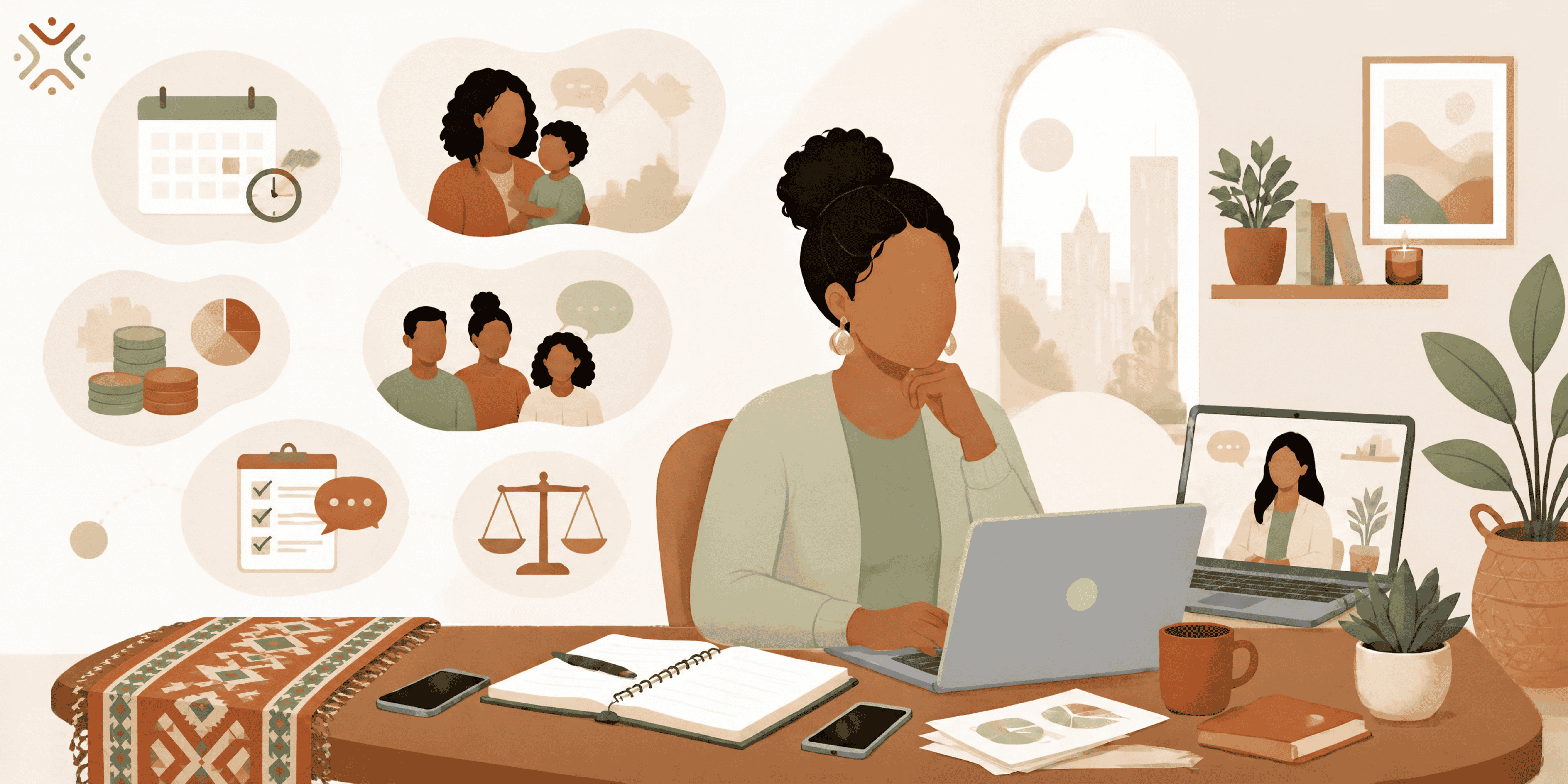 Illustration of a business owner at a laptop with symbols of family, finances, planning and online therapy around her.