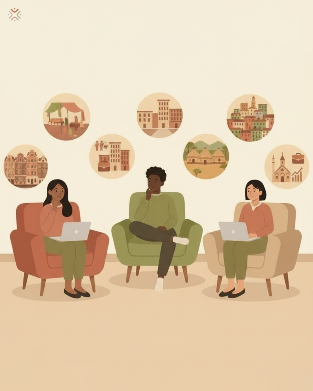 Group of diverse therapy clients from the Global South and diaspora sitting in armchairs with laptops each reflecting on their own background and story. 