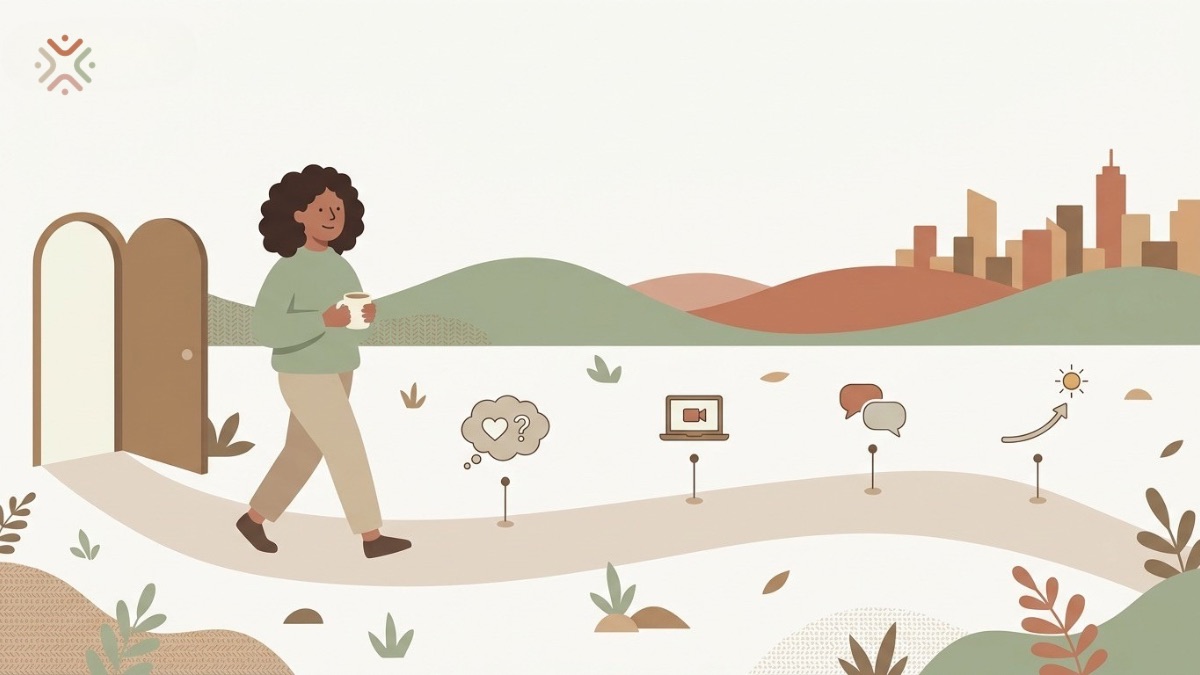 Client walking a therapy journey path, from preferences through discovery call and building trust to progress