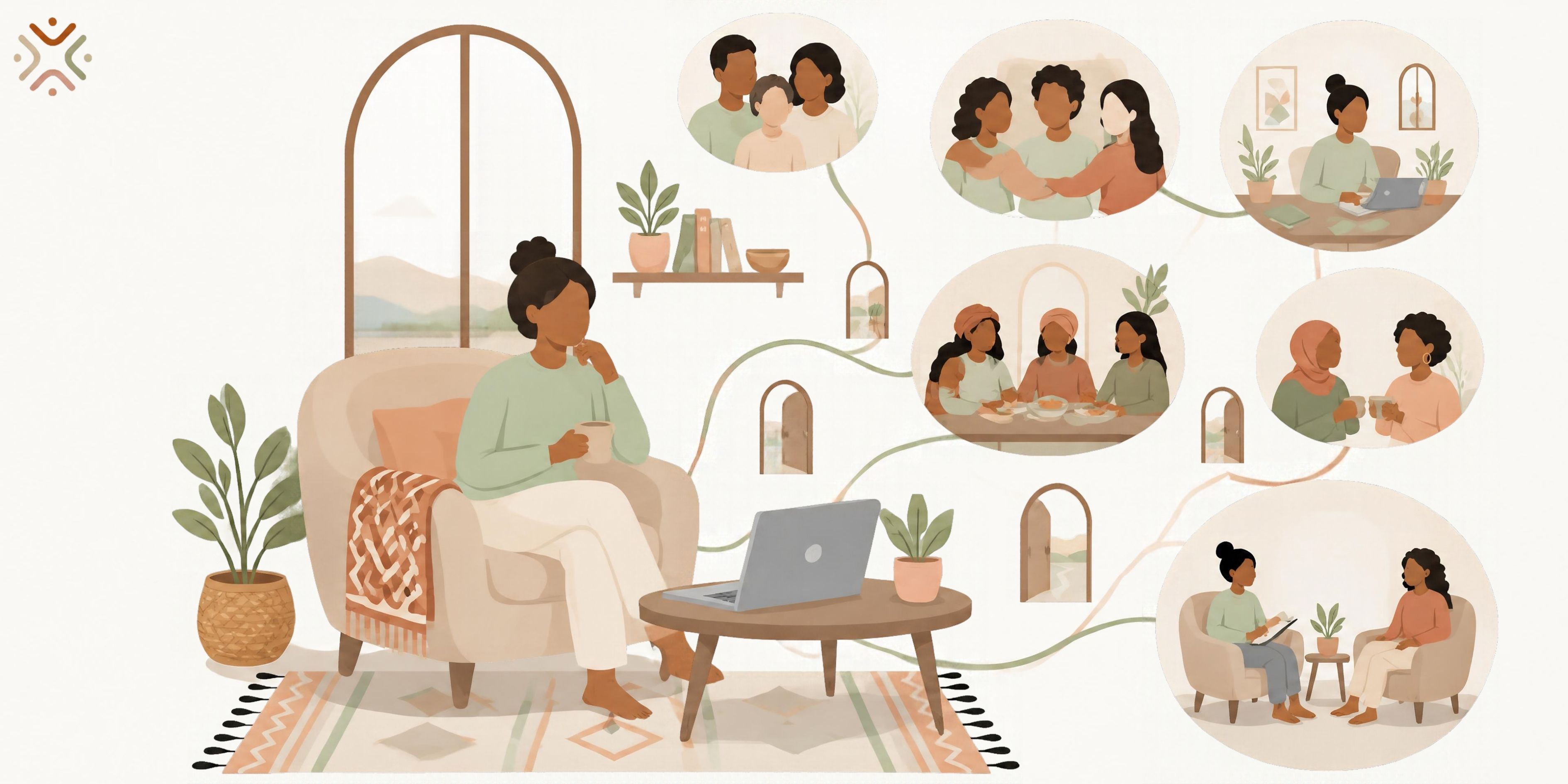 Woman seated beside a laptop, with connected scenes of family, supportive conversations, shared meals and counselling.