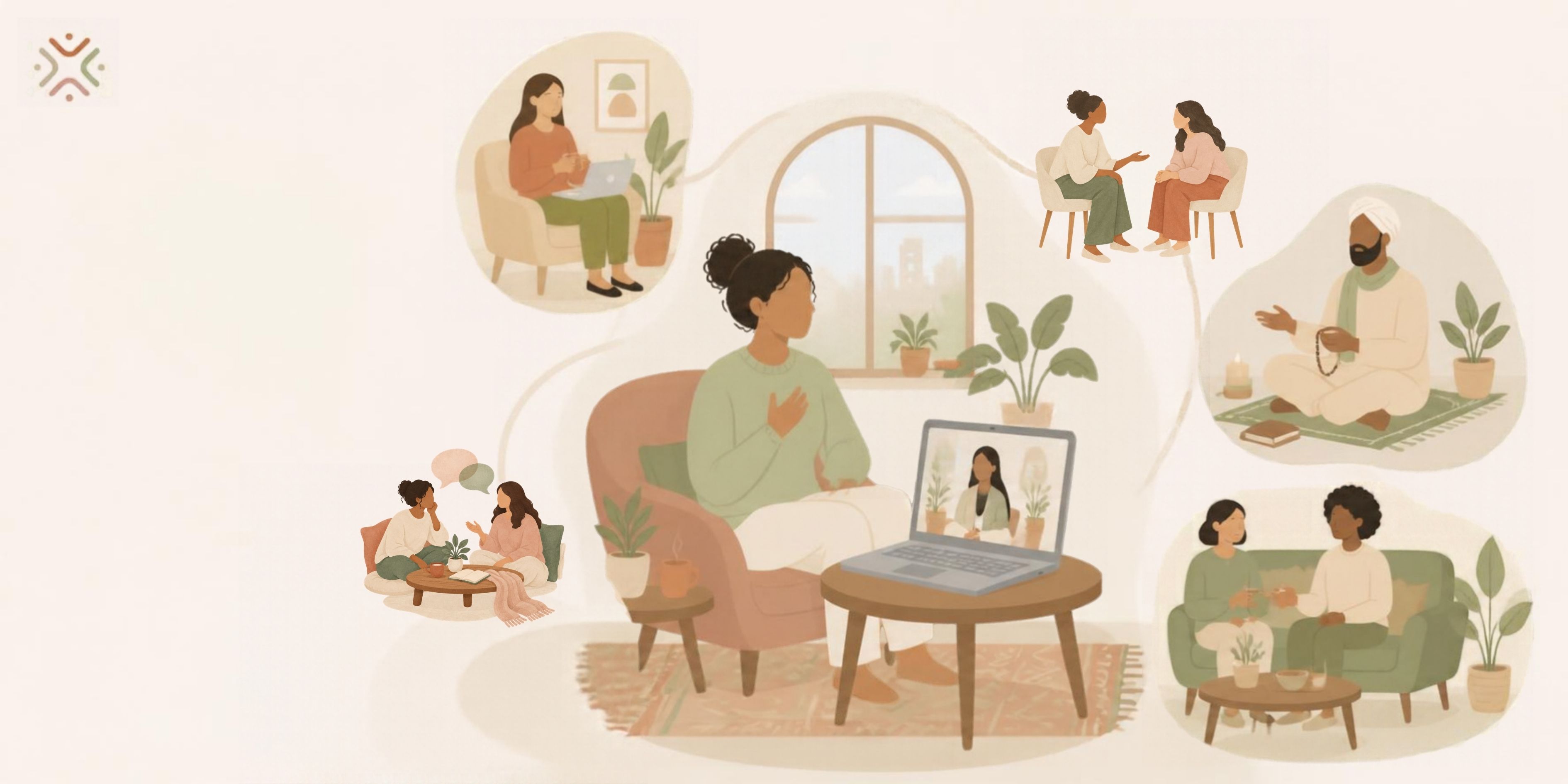 Illustration of a woman in online therapy, surrounded by scenes of supportive conversations and spiritual practice.