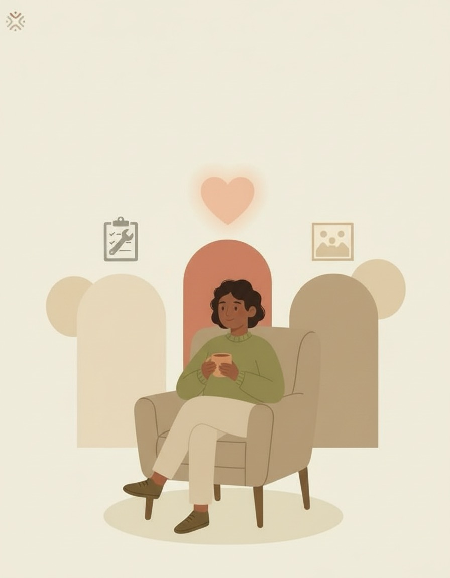 Illustration of a person sitting with a mug in front of three simple doors, each marked with an icon for tools, heart and past, symbolising different ways of working in therapy.