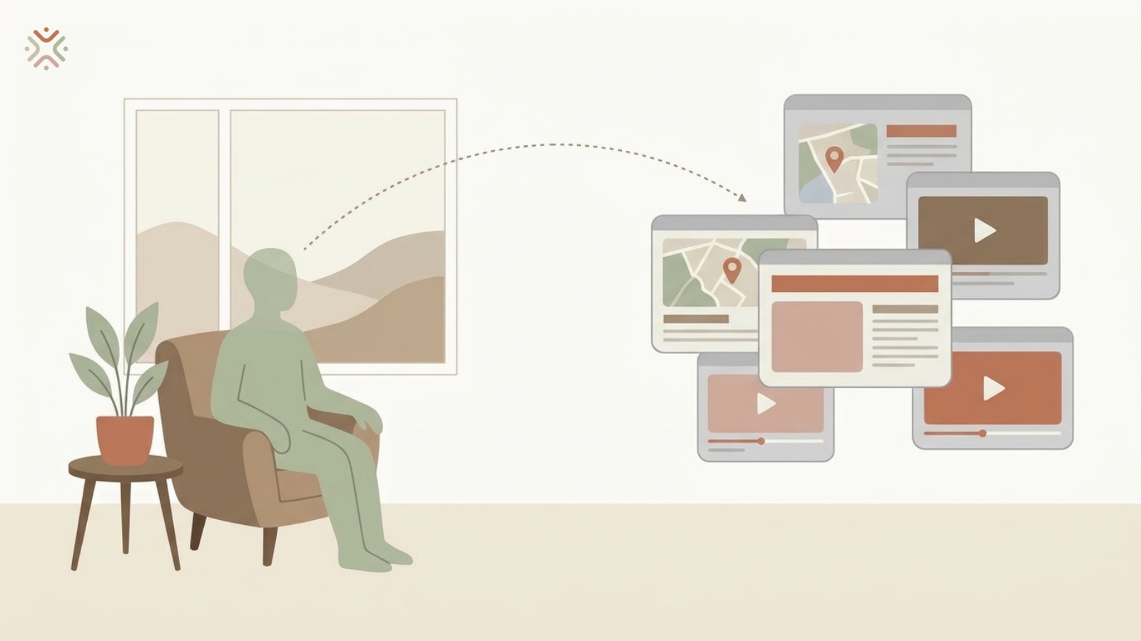Person at home in the Gulf as a green silhouette with attention drawn by floating screens showing news and social media
