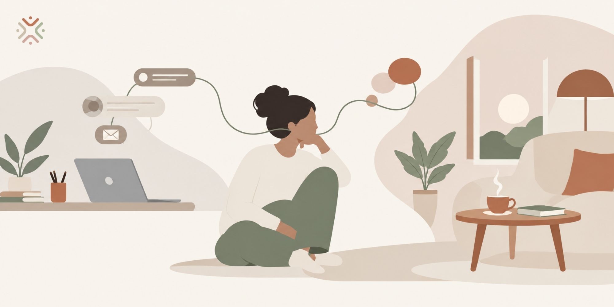 Illustration of a woman seated between a laptop and a living area, with work notifications connected by a looping line around her.